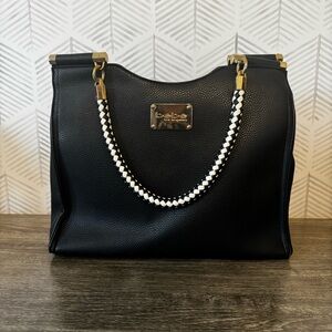 Bebe Black Pebbled Leather Shoulder Bag with Gold Accents